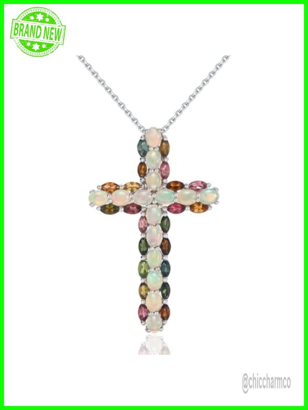 Sterling Silver Opal Tourmaline Cross Pendant Necklace Women 18-20"